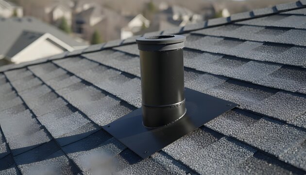 Professional installation of a black roof jack replacement on an asphalt shingle roof for a home improvement and building maintenance concept in a suburban setting