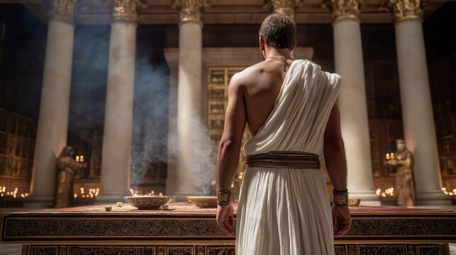 Aaron enters the Most Holy Place with a censer, incense cloud veiling the Ark, as dim gold-lit space reveals awe, atonement, and sacred silence.
