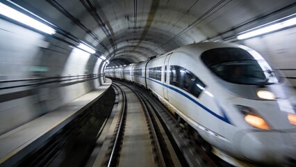 Fototapeta premium A speeding train rushes through a modern subway tunnel with tracks and lights.
