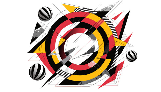 Avant-Garde Constructivist Illustration Featuring Interlocking Red and Yellow Triangles and Op-Art Linear Patterns.eps
