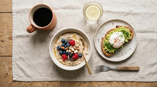 Breakfast table with oatmeal and toast.