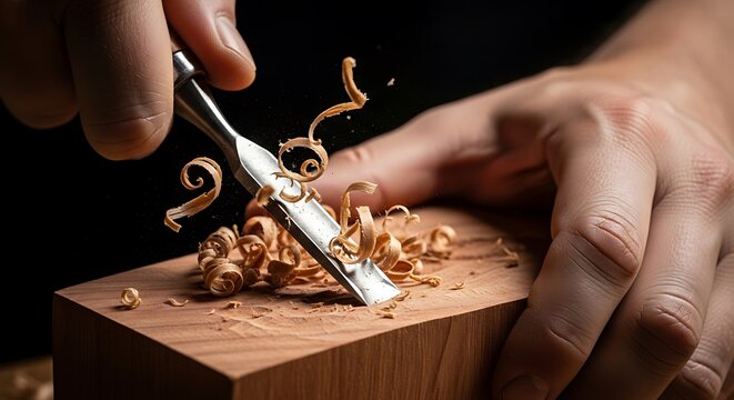 Close-up of craftsman hands carving wood with chisel and shavings