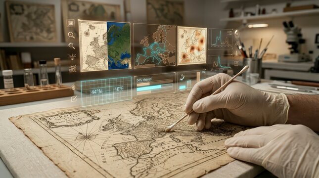 Conservator Cleaning Vintage Map with AR Damage Assessment and Restoration Progress Tracki