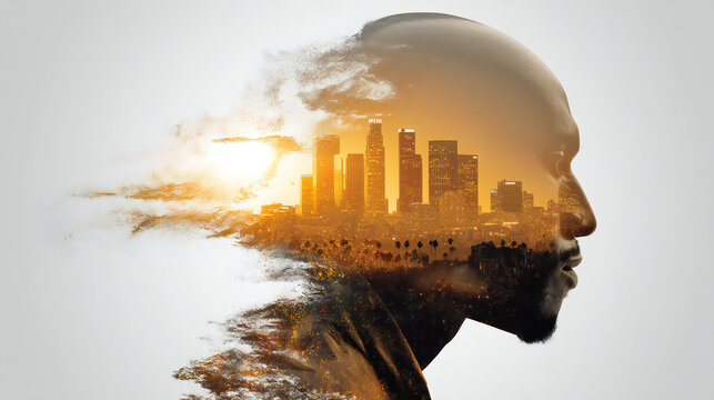 Male side profile with urban skyline blended into silhouette. Creative business concept symbolizing strategic vision, leadership, innovation, and forward thinking.