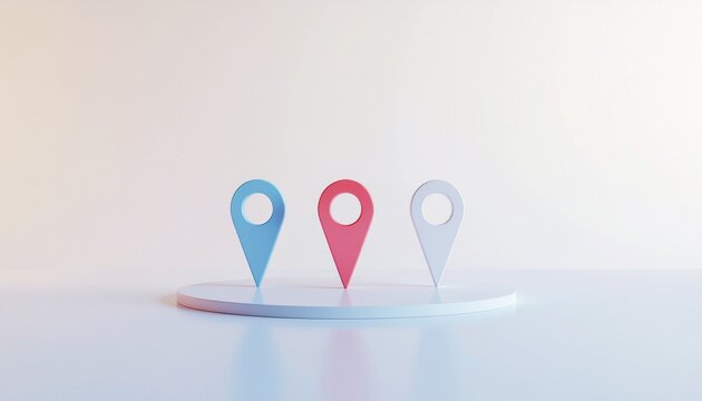 3つのマップピンが並ぶ位置情報・拠点選択コンセプトのミニマル3Dイメージ