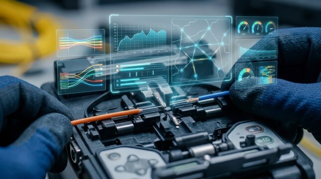 Technician Repairing Fiber Optic Cables with Fusion Splicer and Digital Signal Analysis