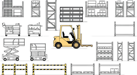 Industrial warehouse CAD vector icon set, forklift racking pallets carts ladders safety barriers and logistics equipment in technical black outline with yellow accents for floor plan design © PrimePixel Co