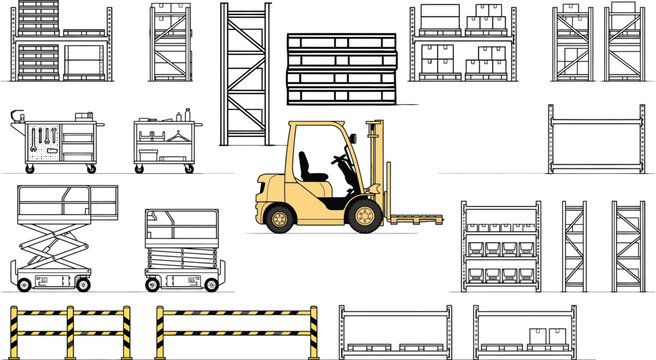 Industrial warehouse CAD vector icon set, forklift racking pallets carts ladders safety barriers and logistics equipment in technical black outline with yellow accents for floor plan design