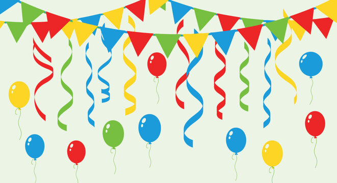 Festive Party Background with Colorful Bunting Flags, Streamers, and Balloons on Light Green Background, Celebration Decoration