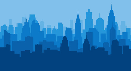 Fototapeta premium Blue City Skyline Silhouette, Abstract Urban Landscape Illustration with Modern Buildings