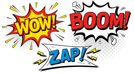Comic Pop Art Exclamations Wow Boom Zap Speech Bubbles on Isolated White Background © MASKURI