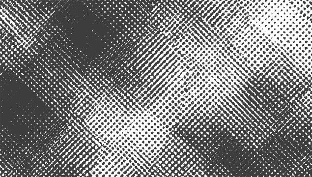 Monochrome Distressed Halftone Crosshatch Texture Vector Background with Grunge Overlay Effect