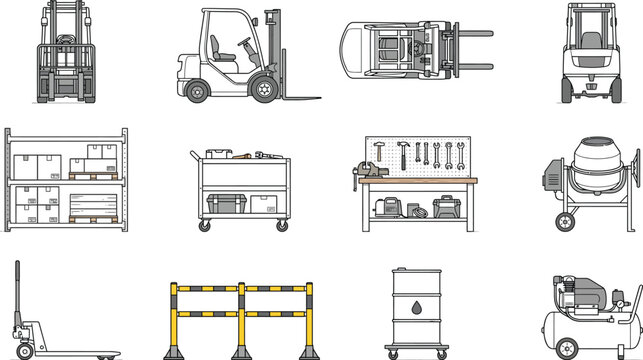 Technical CAD construction and warehouse vector icon set, forklifts racks pallets carts mixers and safety equipment in black outline with yellow accents for engineering floor plan design