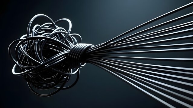 Tangled black cables forming a chaotic knot, organized straight wires emerging from a messy bundle, concept of problem solving and data management