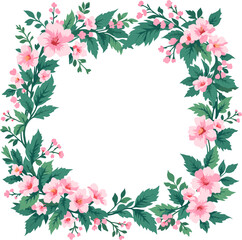 Fototapeta premium Pastel floral wreath illustration with pink blooming flowers and green foliage, decorative botanical frame for wedding invitation and greeting card