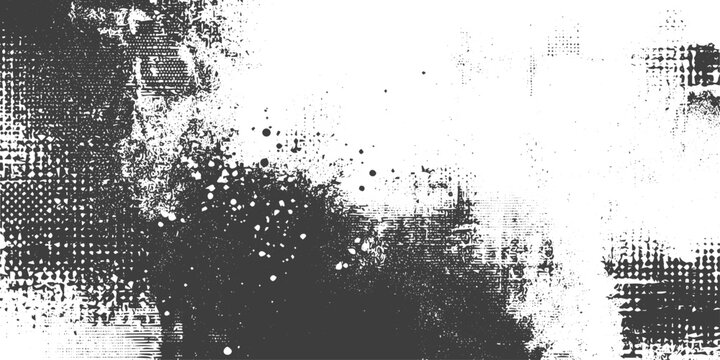 Abstract black and white grunge vector texture with halftone dots and ink splatters for distressed design background