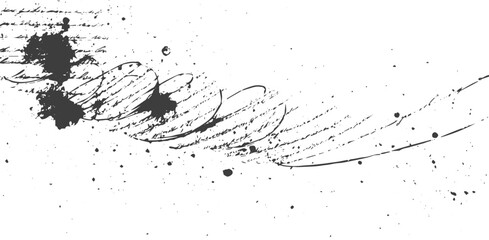 Obraz premium Abstract Grunge Ink Splatter with Vintage Cursive Handwriting and Artistic Swirls on White Background Vector