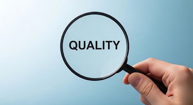 Quality control concept with magnifying glass, hand holding loupe over quality text, business excellence and inspection standards