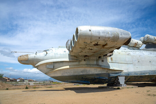 DERBENT, RUSSIA - MAY 10, 2024: The old Soviet Lun ekranoplane. Derbent neighborhood, Dagestan