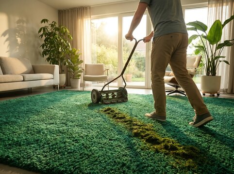 Person mowing a lawn inside a home interior
