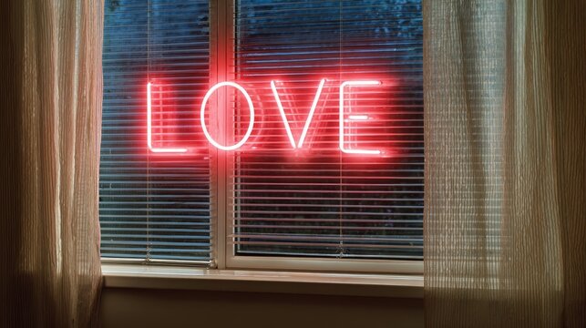 Romantic love neon sign urban apartment digital art cozy indoor close-up emotional connection