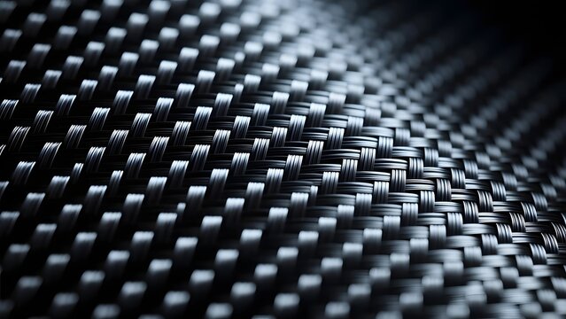 Carbon fiber texture background, black woven composite material with metallic highlights, industrial high-tech fiber pattern for automotive and aerospace design