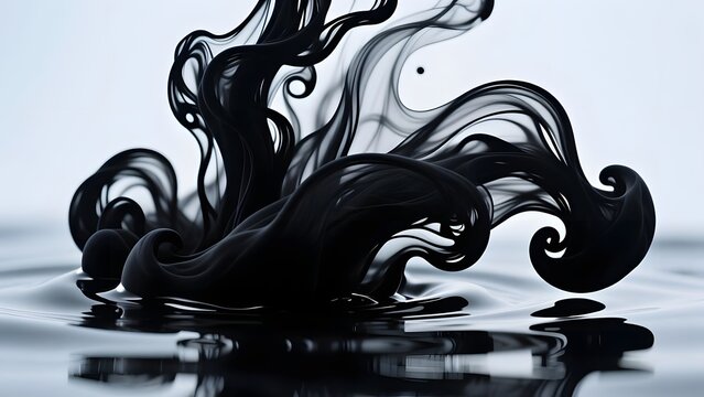 Abstract black ink swirls in water, dark fluid acrylic paint motion on white background, elegant monochrome liquid art for creative design