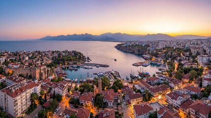 Fototapeta premium Aerial panoramic view of Antalya Old Town harbor Kaleici and Taurus Mountains at sunset, Turkish Riviera, Turkey. 