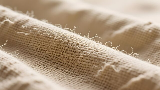 Natural beige linen fabric texture, close up of pilling on woven textile material, organic cotton canvas with lint and fiber wear