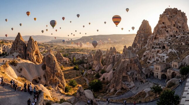 Sunrise panoramic view of hot air balloons flying over the ancient cave dwellings and fairy chimneys in Cappadocia, Turkey.