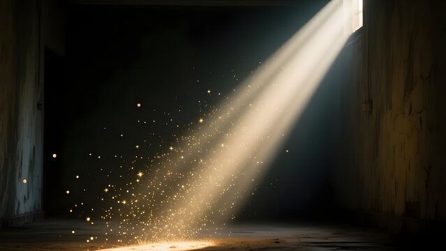 Cinematic light beam in dark room, dramatic sun rays through window with floating dust particles, moody interior lighting atmosphere