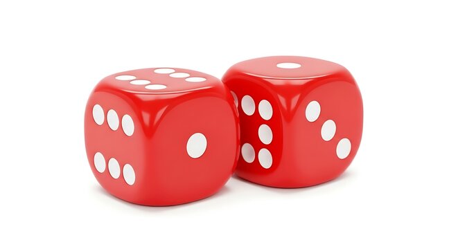 Classic red casino-style dice with a glossy finish and white dots isolated on white for gaming and probability.