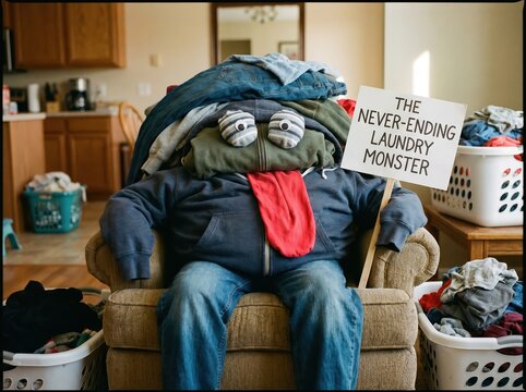 Never-Ending Laundry Monster Sitting on Chair