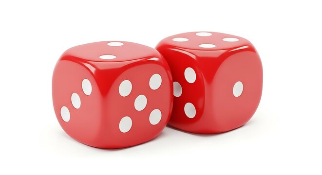High-quality studio shot of two red gambling dice with rounded corners and white pips over a white surface.