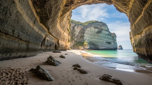 A stunning beach scene inside a natural rock cave formation by the ocean