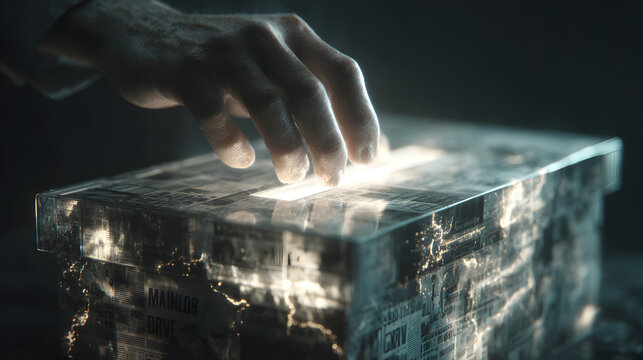 A hand holding a ballot box merged with fake news and manipulated algorithms, highlighting election interference