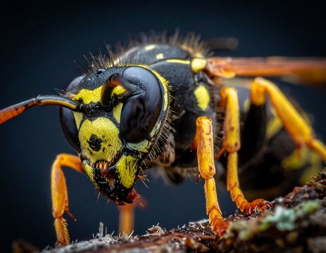 A stunning macro shot revealing intricate details of a stinging insect with vibrant yellow and black markings. Sharp focus