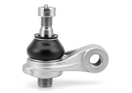 Close-up view of a black and silver ball joint with a threaded bolt and nut.