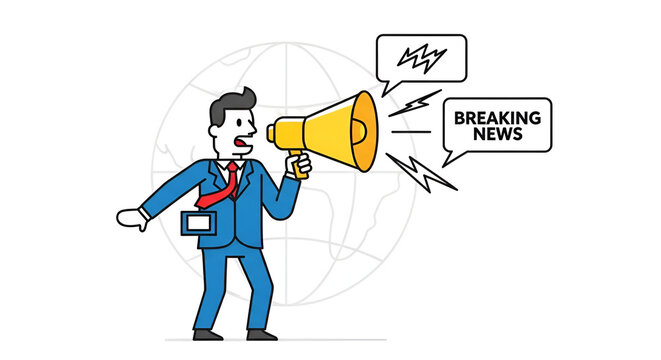 Businessman with megaphone announcing breaking news vector illustration global communication news event spreading information