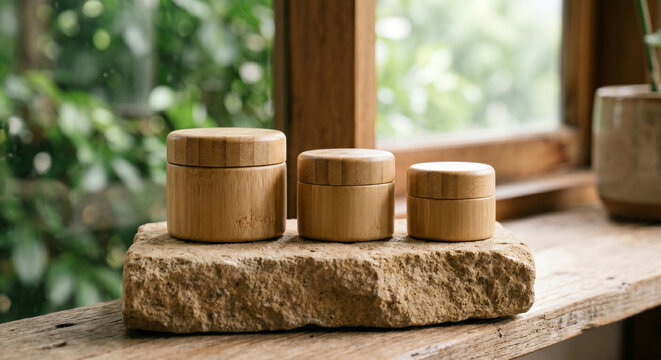 Sustainable bamboo bio-plastic containers for beauty products on stone pedestal