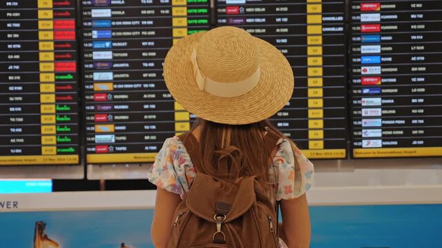 Girl wearing straw hat and backpack checking flight departure board inside airport terminal, holding passport, travel planning and vacation logistics background., slow motion