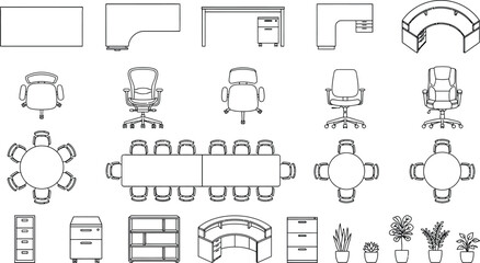 Black white CAD office furniture plan view icon set, conference tables chairs desks workstations sofas cabinets and plants for architectural floor plan interior design and space planning © PrimePixel Co