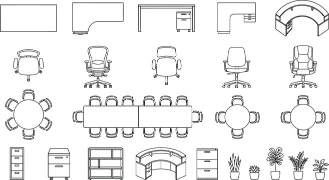 Black white CAD office furniture plan view icon set, conference tables chairs desks workstations sofas cabinets and plants for architectural floor plan interior design and space planning