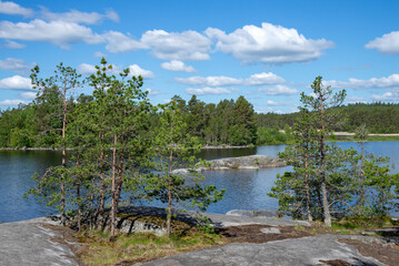 Obraz premium The picturesque coast of the island of Koyonsaari. Skerries of Lake Ladoga, Karelia, Russia