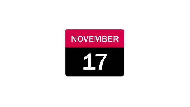 Calendar icon for November 17 with red header and black body featuring white text and numbers, isolated on a white background for scheduling and appointment reminders.