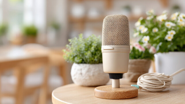 Condenser microphone on a wooden stand with coiled cable for podcast streaming and desktop studio thumbnail background