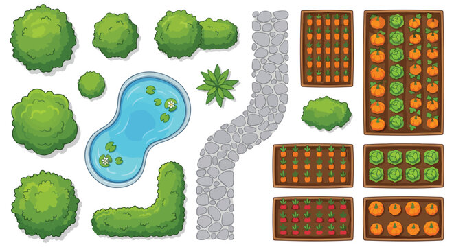 Garden landscape design elements, top view vector set of bushes and trees, backyard garden planning kit with pond and stone path, vegetable garden beds
