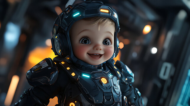 Futuristic baby character in exosuit armor with glowing panels and happy expression 