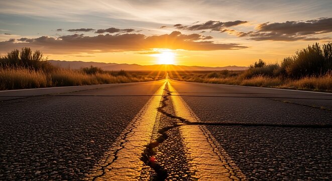 Expansive asphalt road stretching towards a dramatic sunset in a rural landscape, low angle