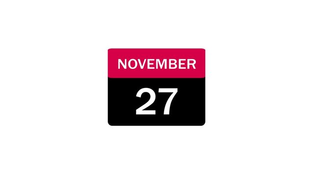 A clean, modern minimalist calendar icon representing November 27th, featuring a red header and black date block, ideal for digital scheduling, planning, time management, and web UI design.